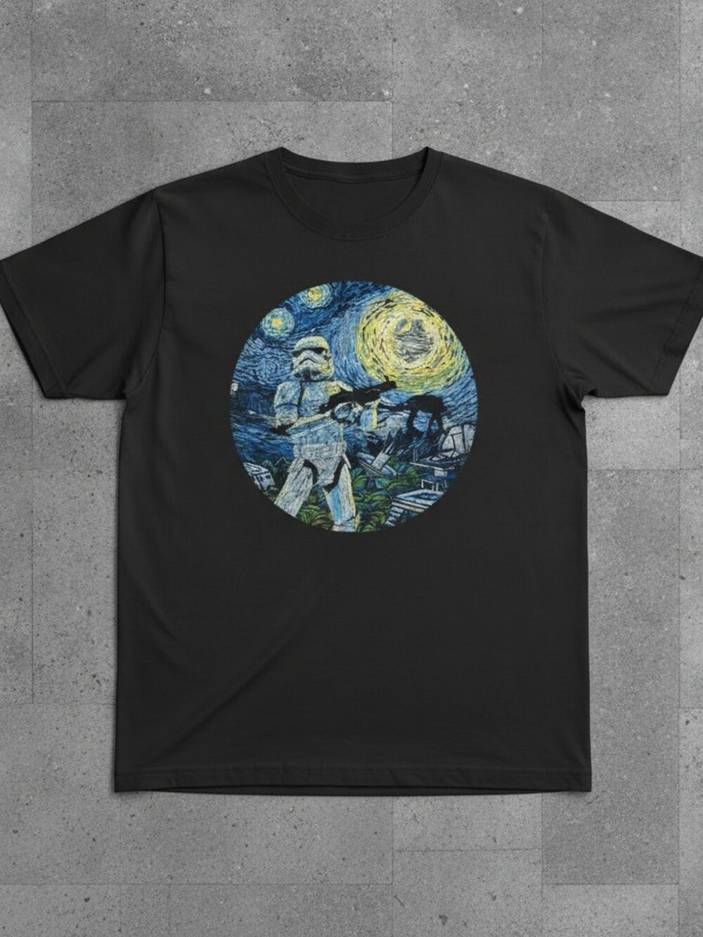 Starry Night Inspired Graphic T-Shirt – Black Artistic Painting Style Tee